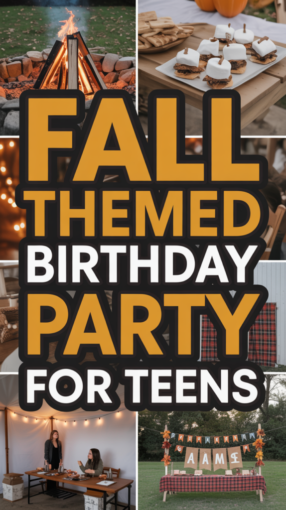 Collage promoting a fall-themed birthday party for teens, featuring a bonfire, s'mores, cozy lights, and autumn decorations.