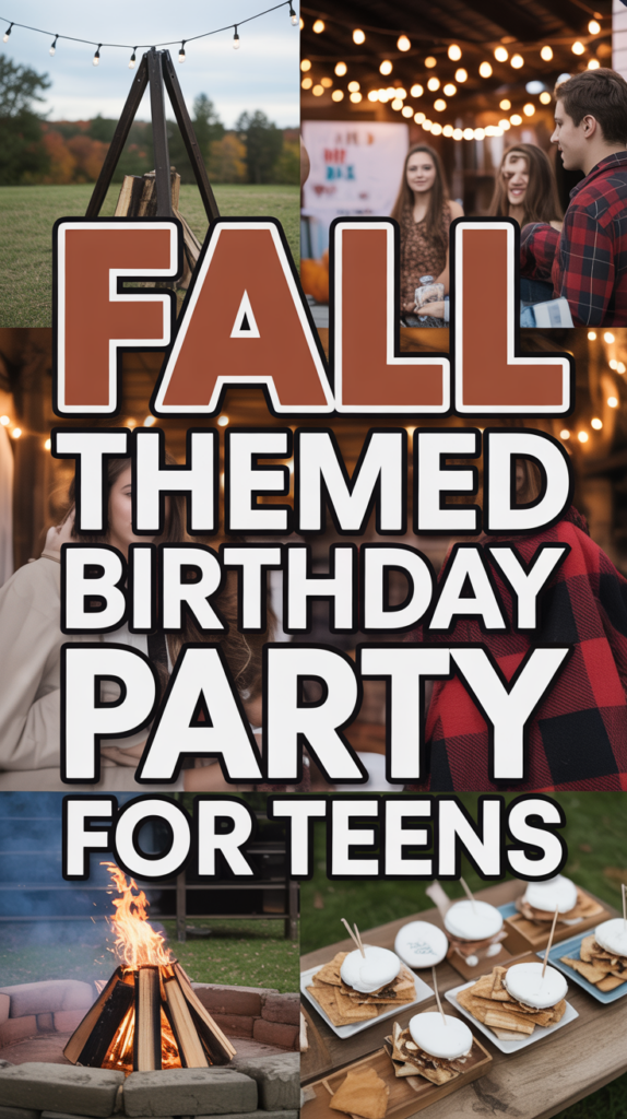 Collage of a fall-themed birthday party with teens, featuring outdoor activities, string lights, bonfire, and s'mores.