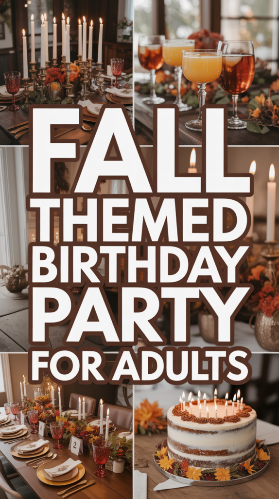Collage of a fall-themed birthday party with candles, autumn decor, and a cake.