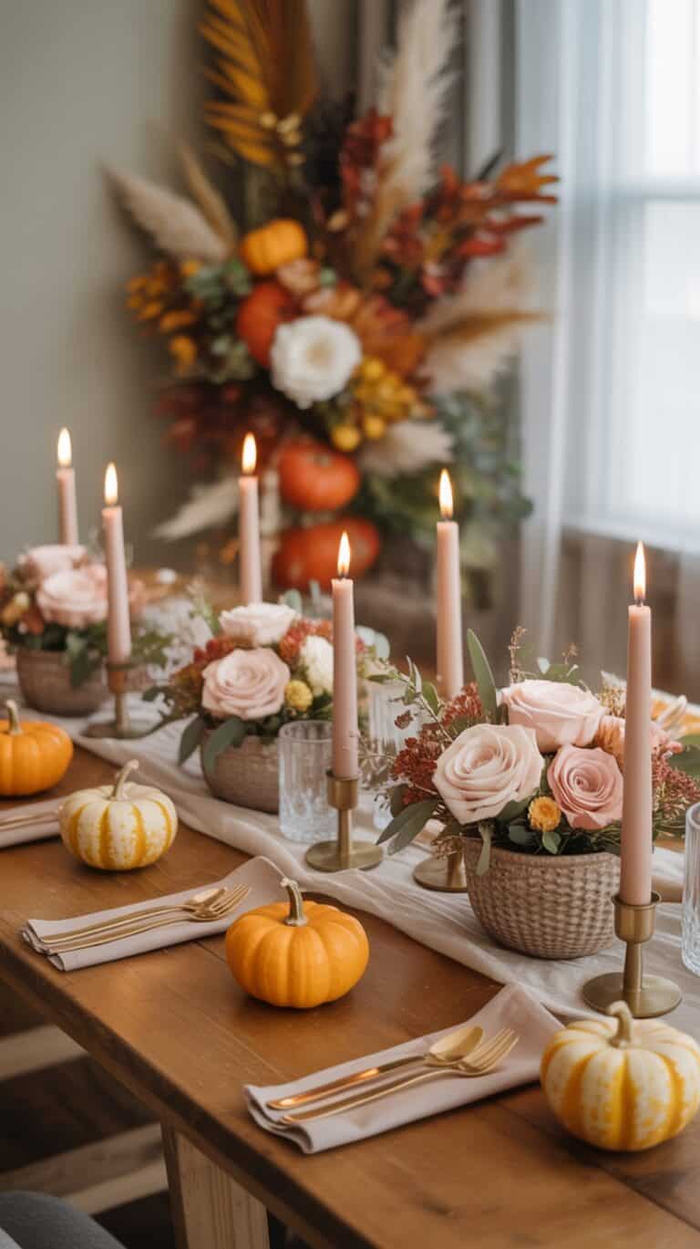 A beautifully set fall-themed dining table with lit candles, small pumpkins, and vases of pink roses arranged on a white runner. In the background, there's a large autumn floral arrangement featuring pumpkins and various seasonal foliage.