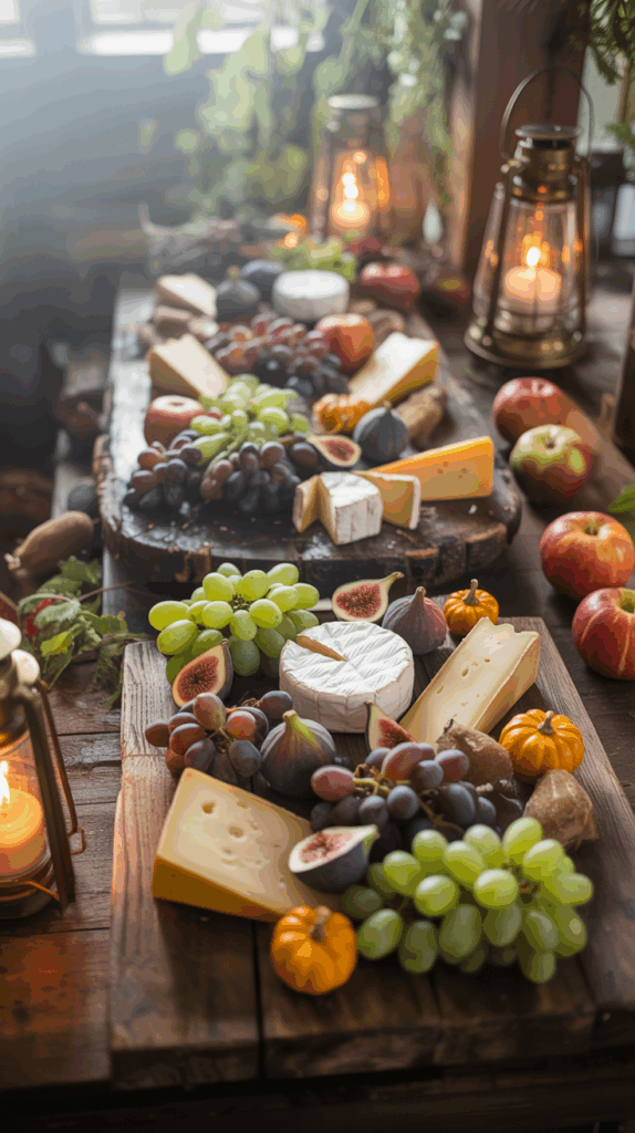 An autumn-themed cheese platter featuring a variety of cheese blocks and rounds surrounded by grapes, figs, small pumpkins, and apples, illuminated by warm candlelight in a rustic setting.