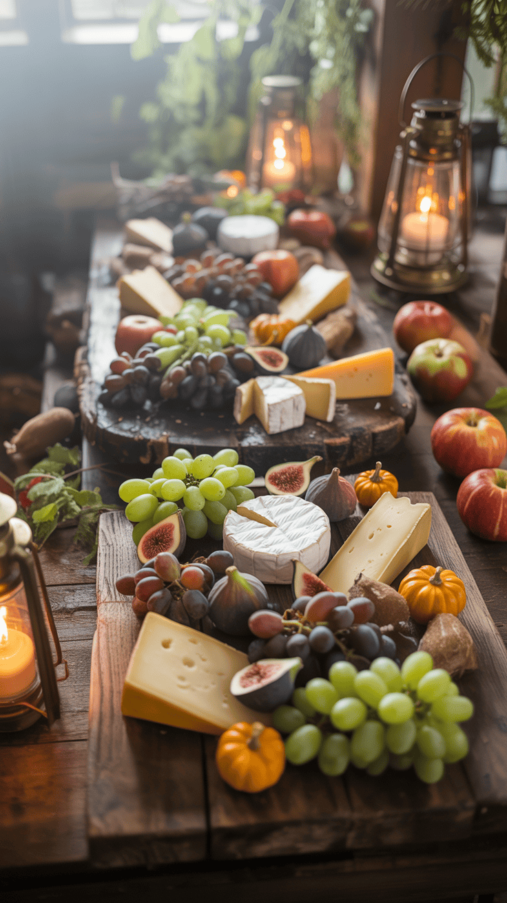 An autumn-themed cheese platter featuring a variety of cheese blocks and rounds surrounded by grapes, figs, small pumpkins, and apples, illuminated by warm candlelight in a rustic setting.