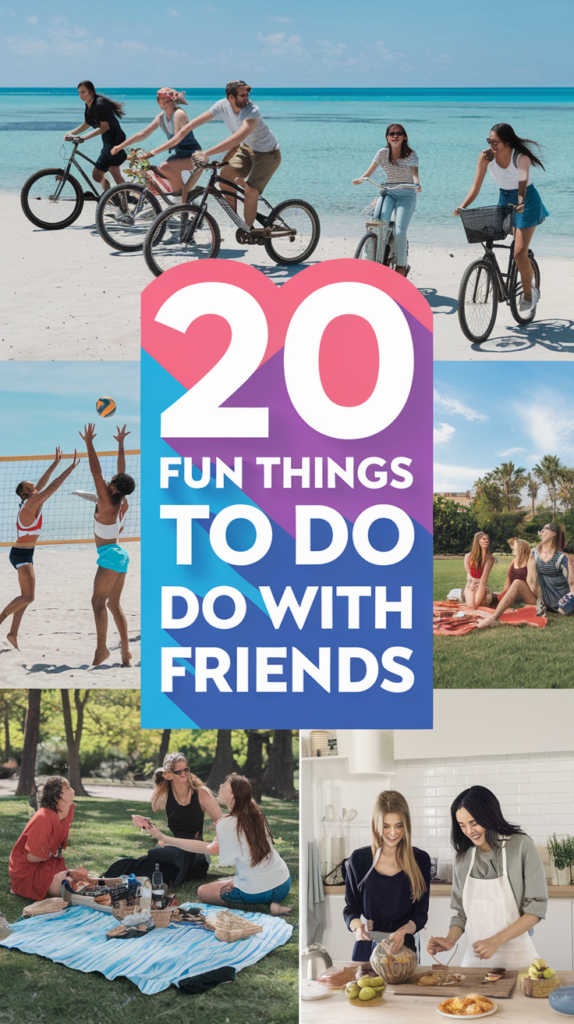 20 Fun Things to Do with Friends; collage of friends biking on the beach, playing volleyball, having a picnic, and cooking together.