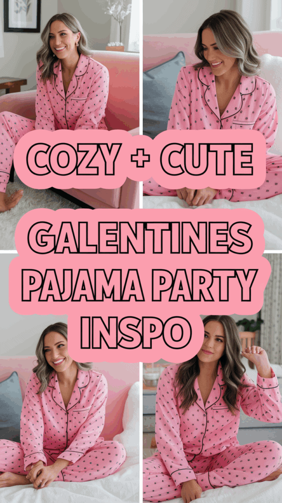 Collage of women wearing matching pink pajamas with black patterns, sitting on couches and beds, promoting 'Cozy + Cute Galentines Pajama Party Inspo'.