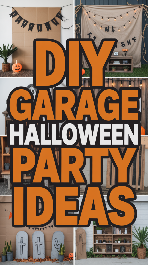 DIY garage Halloween party ideas with banners, pumpkins, and spooky decorations like tombstones and rustic setups.