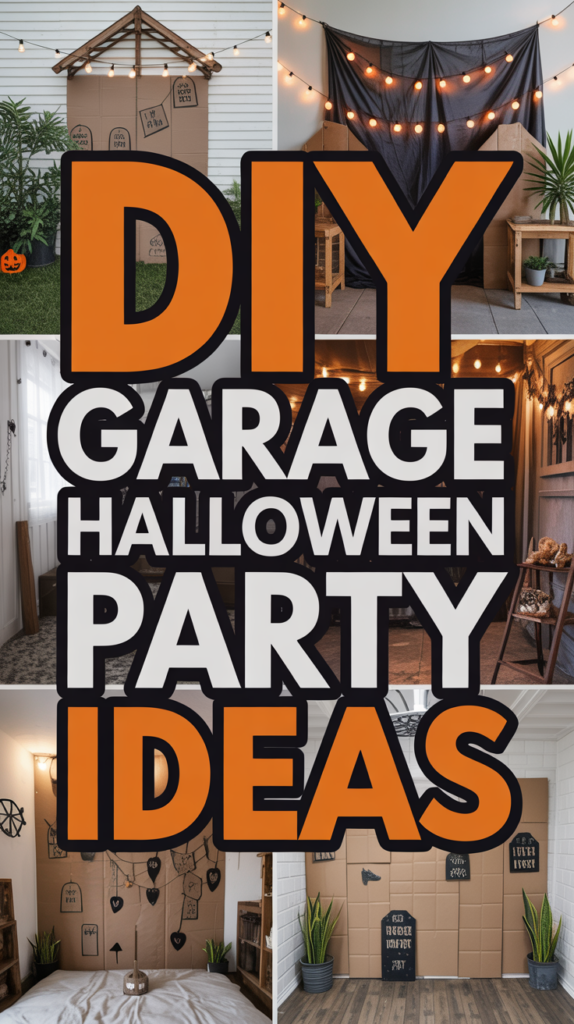 Collage of DIY garage Halloween party setups with decorations, lights, and themed signs.