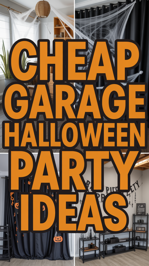 Text reads "Cheap Garage Halloween Party Ideas" over images of decorated party setups.