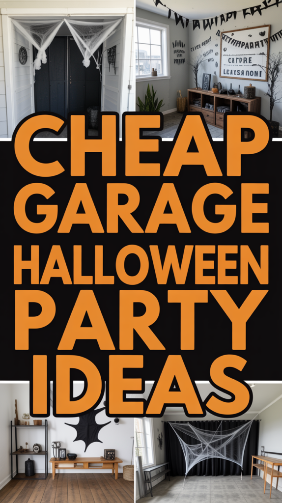 Collage of four Halloween-decorated garage scenes with large text reading "Cheap Garage Halloween Party Ideas."