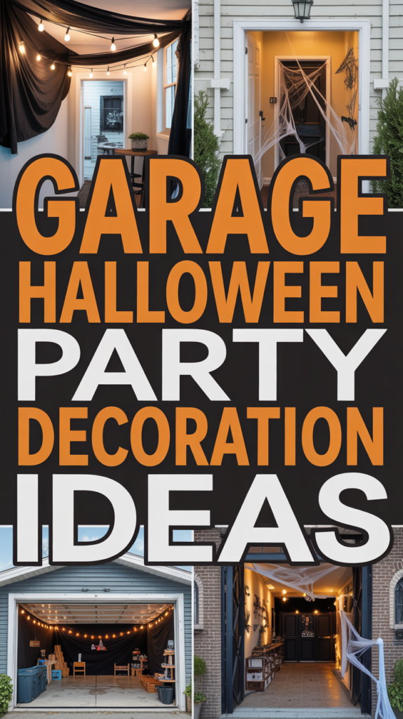 Collage of decorated garages with Halloween themes, featuring string lights, spider webs, and bold text "Garage Halloween Party Decoration Ideas."