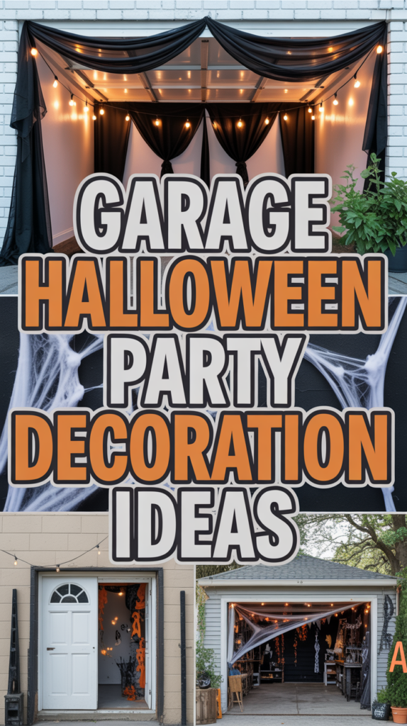 Garage decorated with black and orange drapes and string lights, set for a Halloween party.