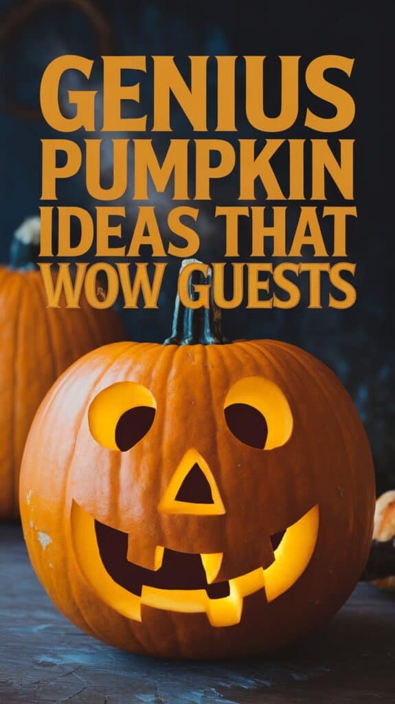 A carved pumpkin with a smiling face, illuminated from within, with the text "Genius Pumpkin Ideas That Wow Guests" in bold letters above it.