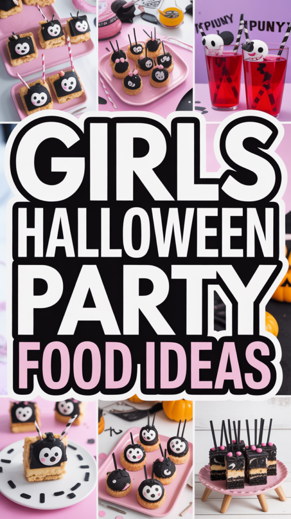 Collage of Halloween-themed party food with owl designs and text reading "Girls Halloween Party Food Ideas."