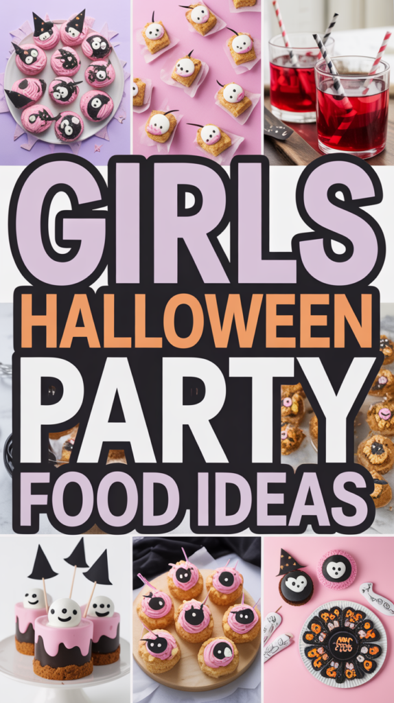 Collage of Halloween-themed food ideas with cute decorations like witch hats and spooky faces.