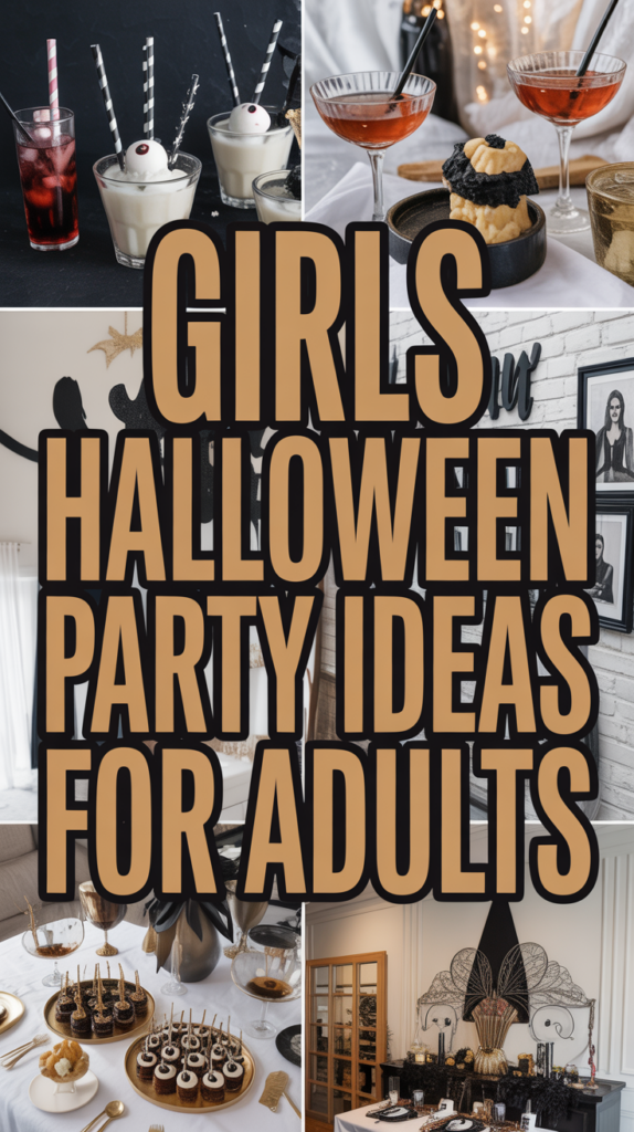 Collage of Halloween-themed party setups with drinks, desserts, and decorations, featuring the text "Girls Halloween Party Ideas for Adults."