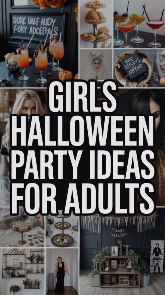 Collage of Halloween party ideas for adults featuring food, drinks, decorations, and costumed women.