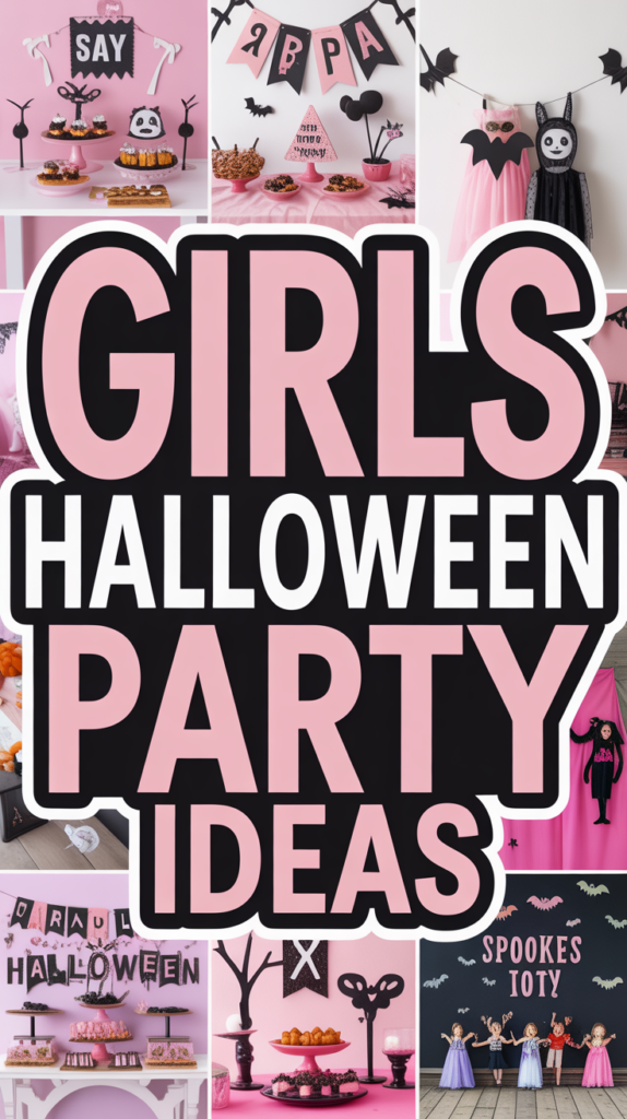 Collage of pink-themed Halloween decorations with the text "Girls Halloween Party Ideas" in bold letters.