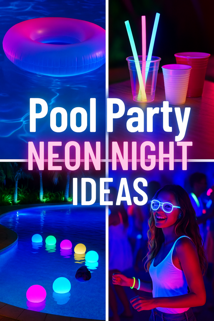 Collage of neon-themed pool party items, including a glowing pool float, neon drinkware, illuminated pool balls, and a person with glowing accessories.