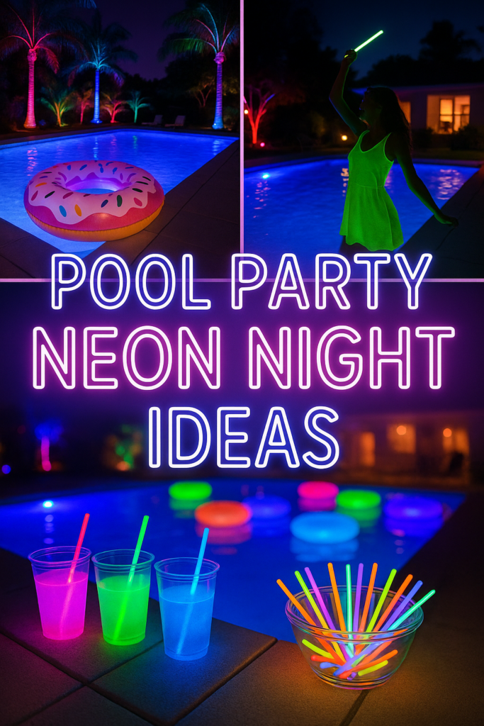 Collage of neon-themed pool party scenes with glowing drinks, floating light rings, palm trees, and a woman holding a neon stick.