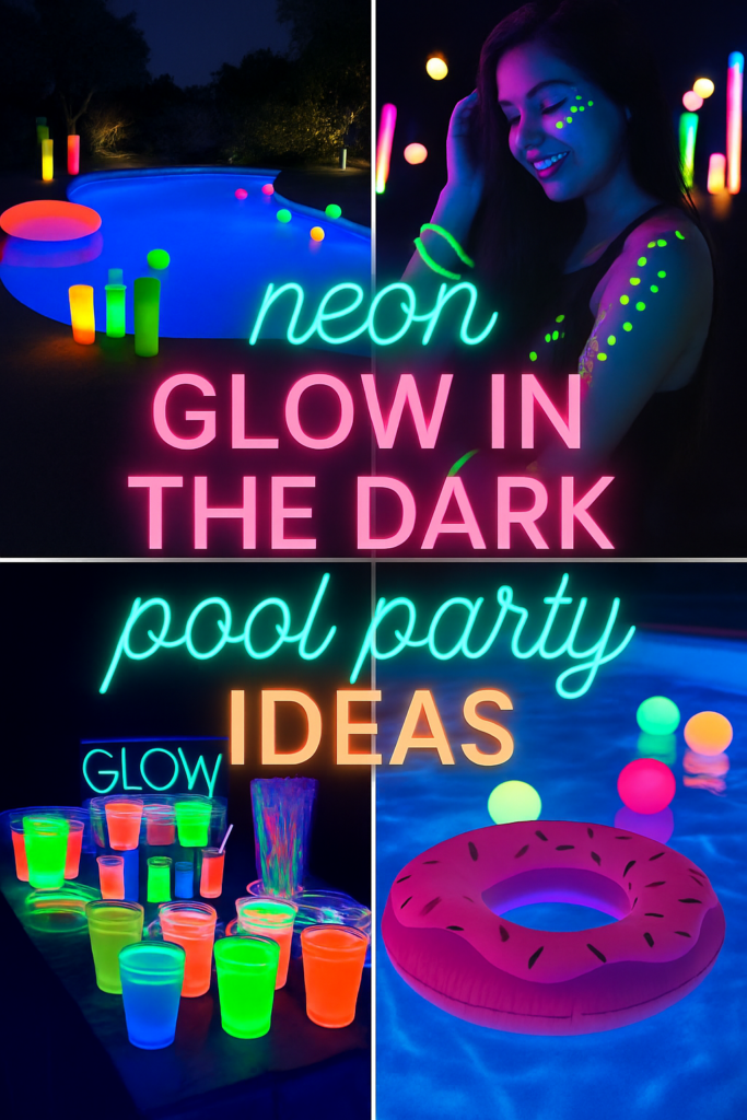 Neon-themed glow-in-the-dark pool party with glowing decorations, drinks, and a person with neon body paint.