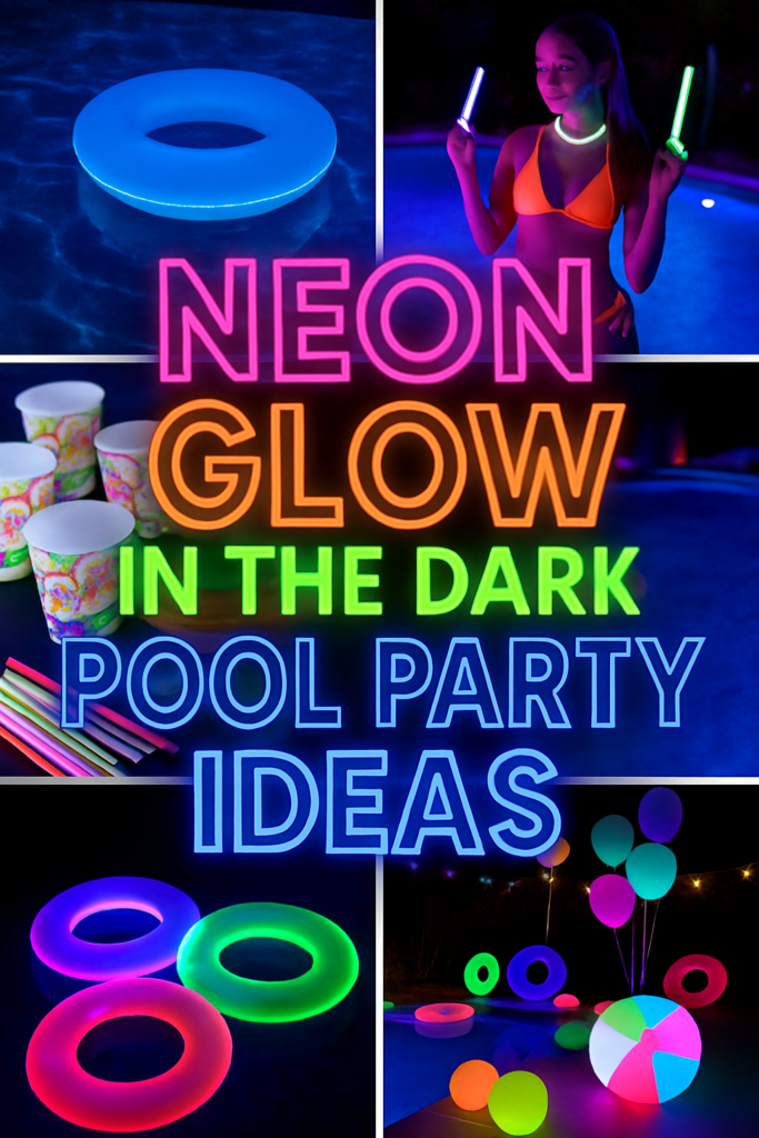 Collage of neon glow items at a pool party, including rings, cups, and balloons, with glowing text reading "Neon Glow in the Dark Pool Party Ideas."