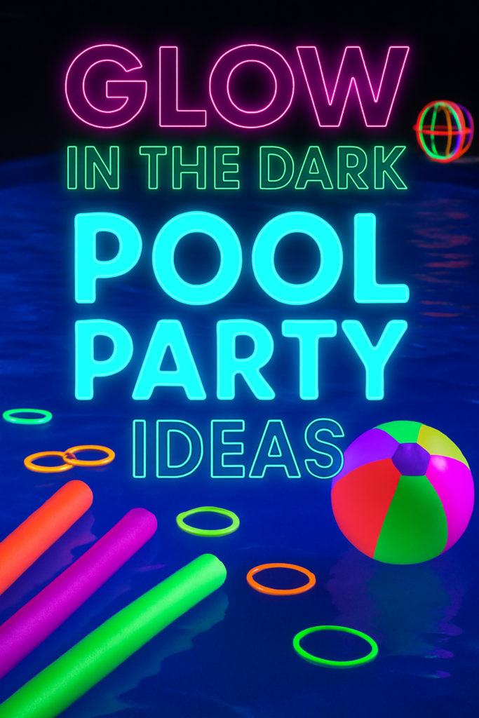 Neon text reads "Glow in the Dark Pool Party Ideas" above a pool with glowing rings and a colorful beach ball.