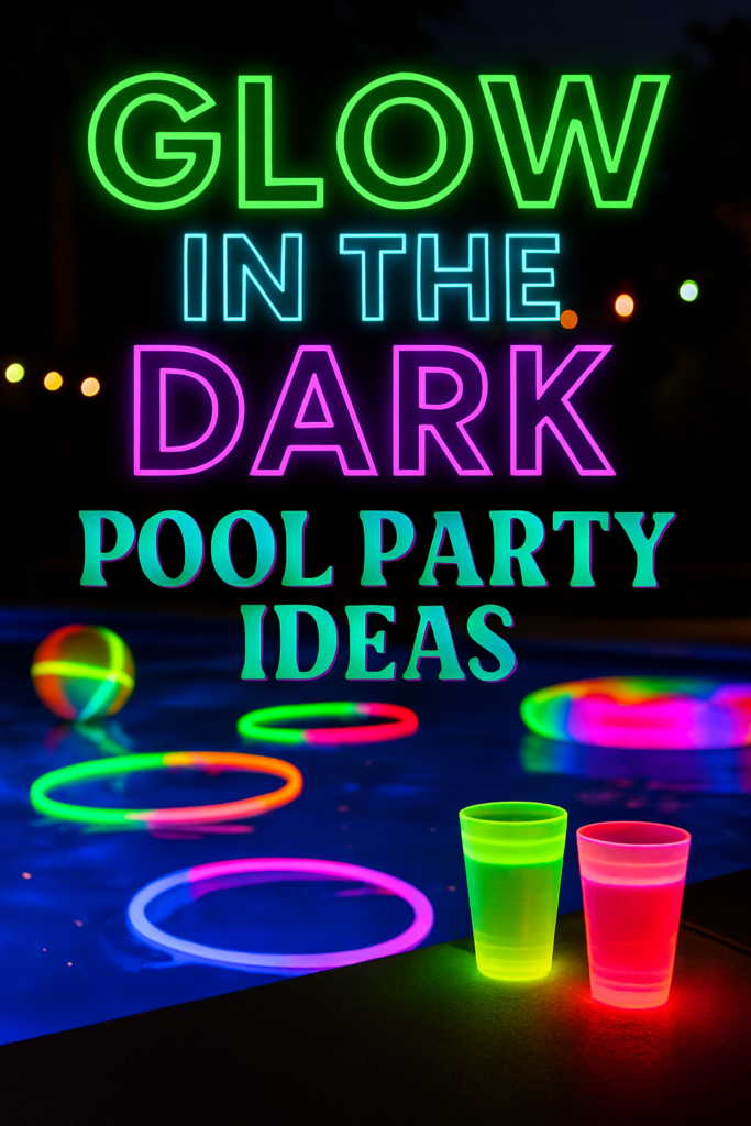 Vibrant glow-in-the-dark cups and pool toys near a pool, with neon text reading "Glow in the Dark Pool Party Ideas."