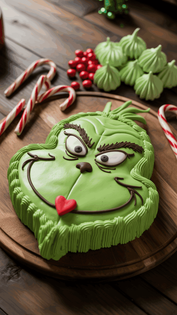 A cake shaped like a green cartoon character's face, complete with detailing to resemble its eyes, nose, and mouth, placed on a wooden tray. Surrounding the cake are candy canes, small red candies, and green meringue cookies set on a dark wooden surface.