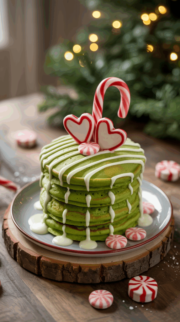 A stack of green pancakes drizzled with white icing, topped with peppermint swirl candies and heart-shaped decorations, with a candy cane resting on top, displayed on a wooden platter with a blurred Christmas tree in the background.