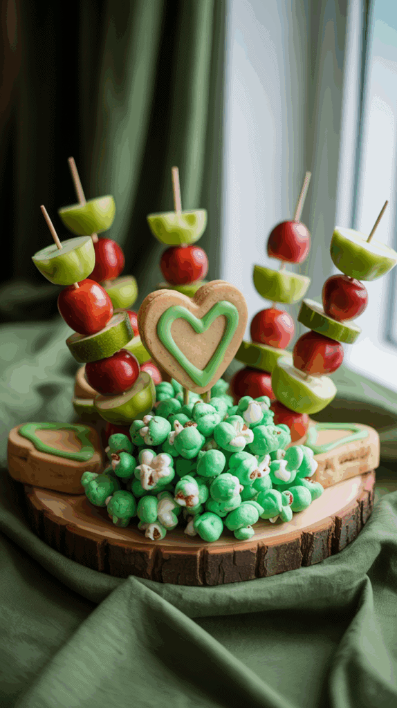 A decorative arrangement featuring skewers of green apples and red grapes, heart-shaped cookies with green icing, and green popcorn, set against a wooden slice on a green fabric.