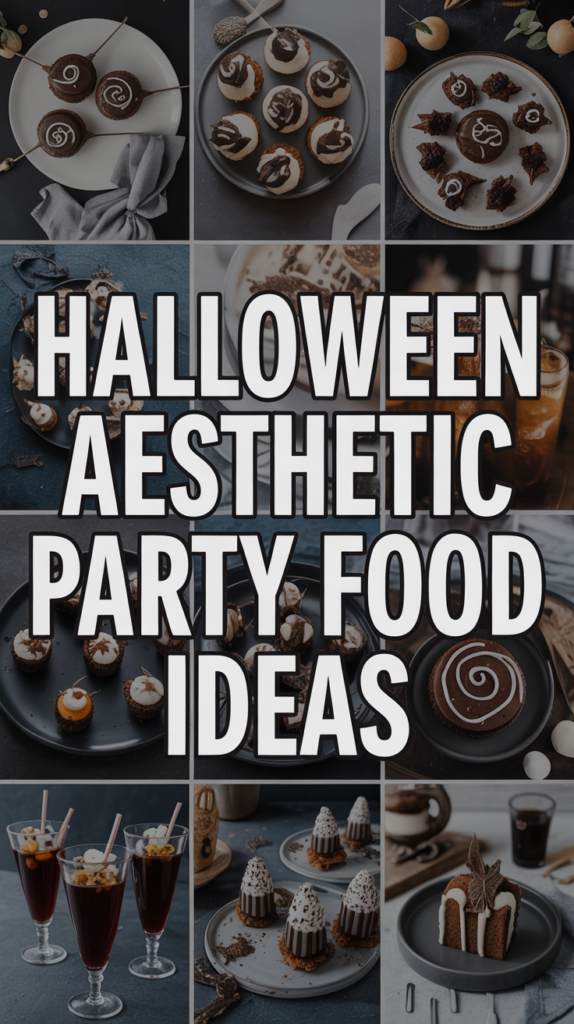 Collage of Halloween-themed desserts and drinks with the title "Halloween Aesthetic Party Food Ideas" in bold letters.