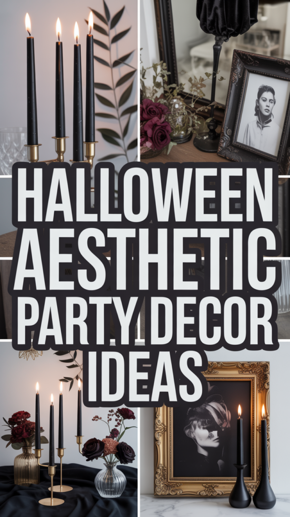 Collage of Halloween decor with black candles, dark florals, and vintage portraits.