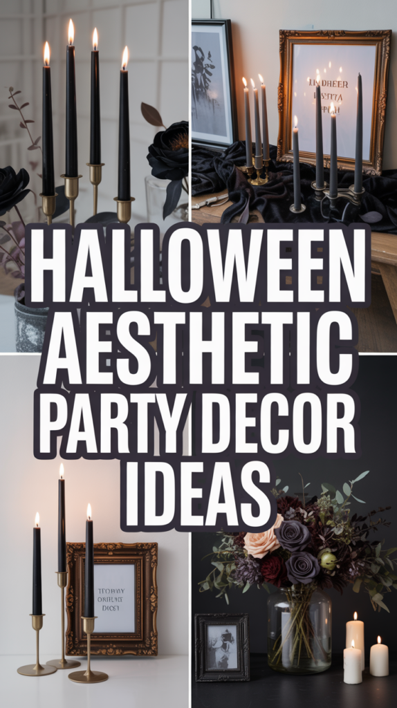 Halloween-themed decor featuring black candles, dark flowers, and framed text, with the words "Halloween Aesthetic Party Decor Ideas."