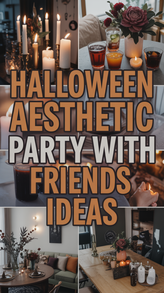 Collage of Halloween-themed decorations and drinks with text: "Halloween Aesthetic Party with Friends Ideas."