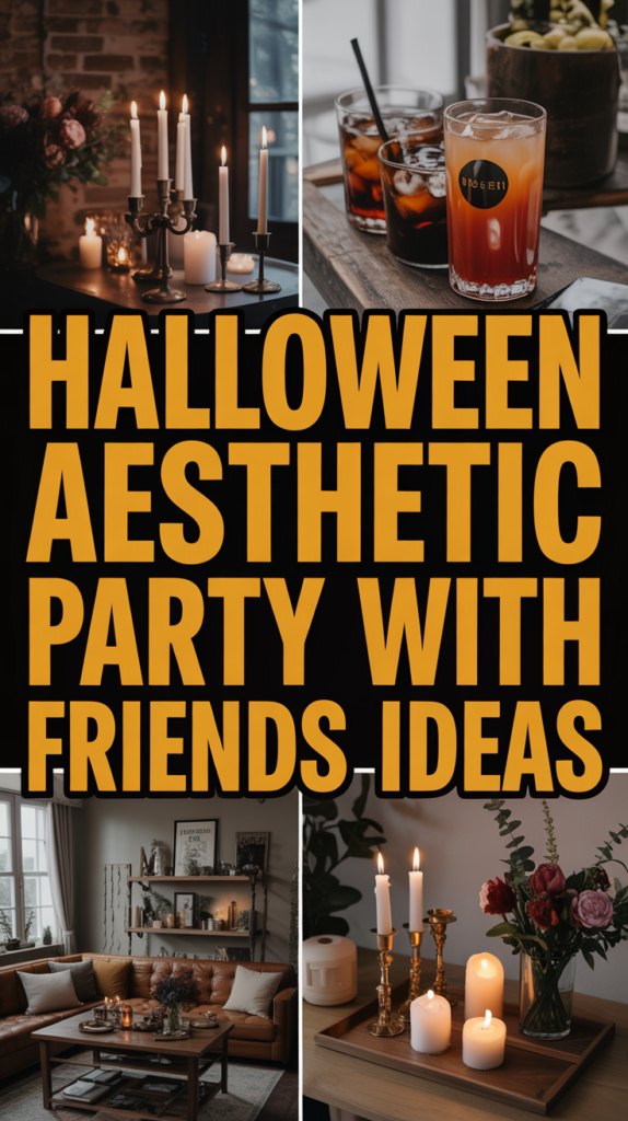 Collage with "Halloween Aesthetic Party with Friends Ideas" text, featuring lit candles, drinks, and cozy home decor.
