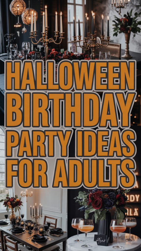 Collage of elegant Halloween-themed adult birthday party setups with candlelit tables and dark floral arrangements.