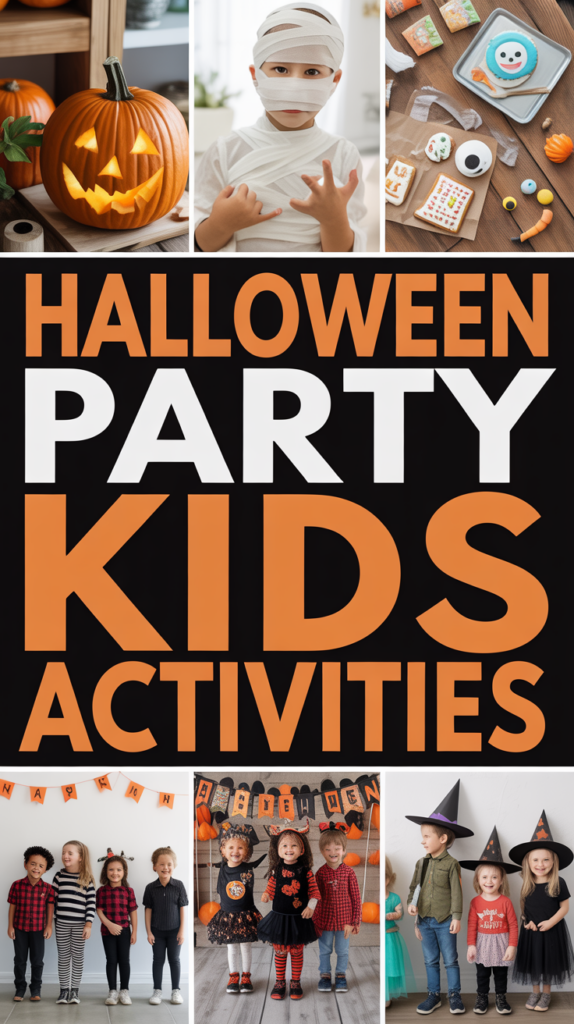 A colorful Halloween-themed collage featuring a carved pumpkin, a child in a mummy costume, festive desserts, and children in costumes.