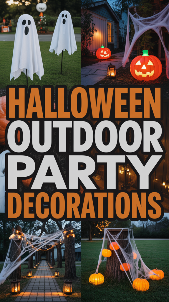 Collage of Halloween decorations featuring ghost figures, jack-o'-lanterns, spider webs, and lit pathways.