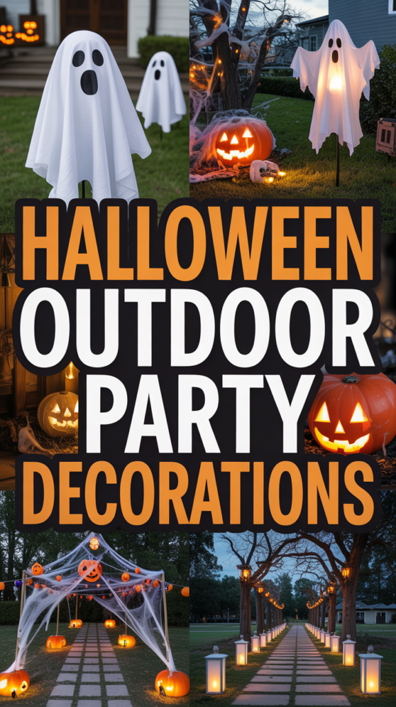 Collage of Halloween outdoor decorations with ghosts, jack-o'-lanterns, and cobwebs, featuring bold text "HALLOWEEN OUTDOOR PARTY DECORATIONS."