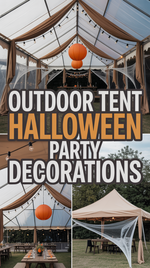 Outdoor tent with Halloween party decorations, featuring orange lanterns and cobwebs.