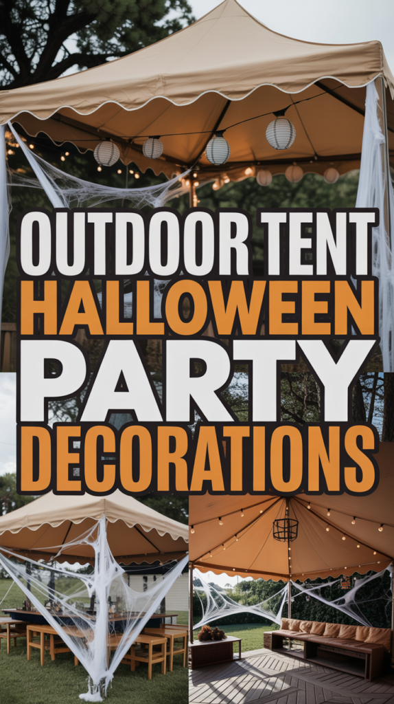 A tent decorated with cobwebs and lanterns, featuring text: "Outdoor Tent Halloween Party Decorations."