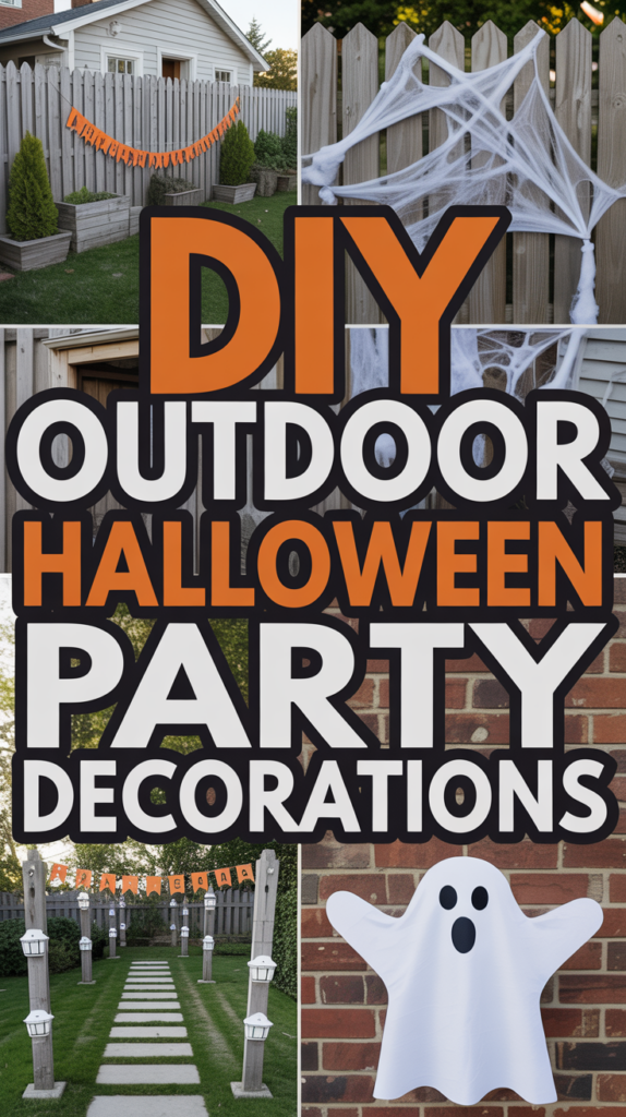 Collage of DIY outdoor Halloween party decorations including spooky banners, cobwebs, and a ghost cutout.