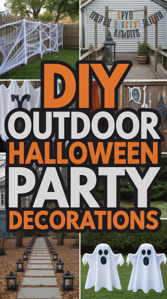 Collage of DIY outdoor Halloween decorations, including ghost figures, lanterns, spider webs, and a sign.