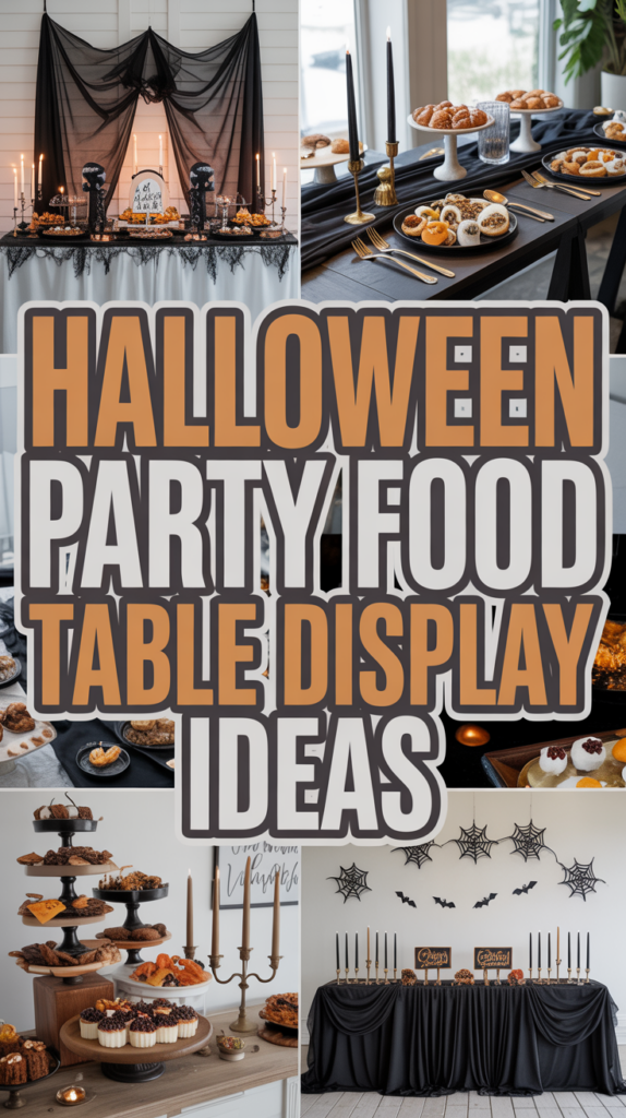 Collage featuring Halloween party food displays with themed decorations and text: "Halloween Party Food Table Display Ideas."