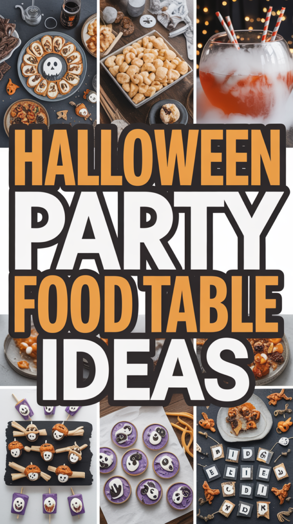 Collage of Halloween-themed snacks including decorated cookies, themed cupcakes, and a festive drink, with "Halloween Party Food Table Ideas" in large text.