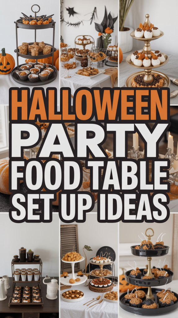 Collage of Halloween-themed food tables with pumpkins, pastries, and orange and black decor, showcasing party setup ideas.