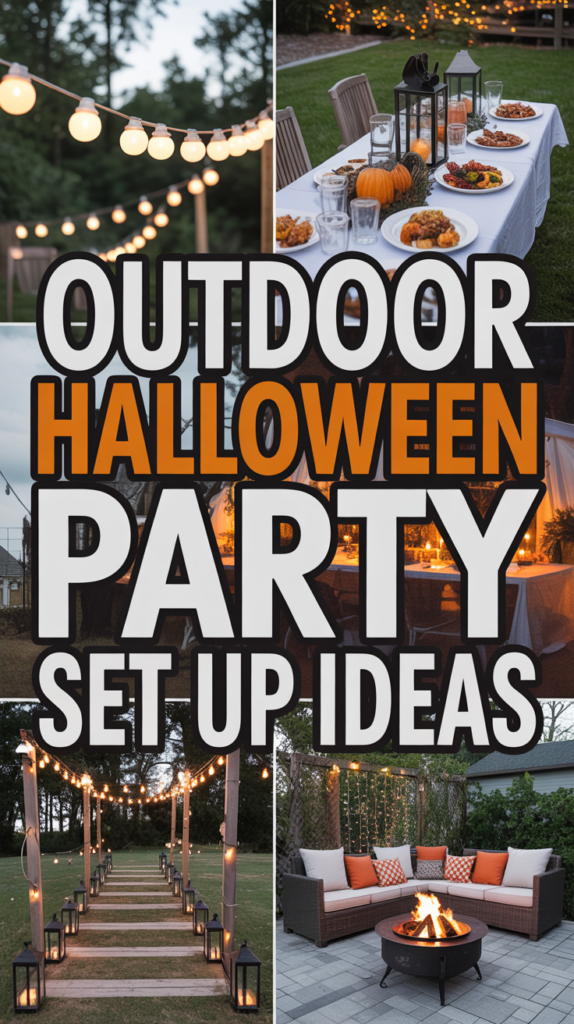 Collage of outdoor Halloween party setups featuring string lights, a decorated table, lanterns lining a pathway, and a fire pit area.