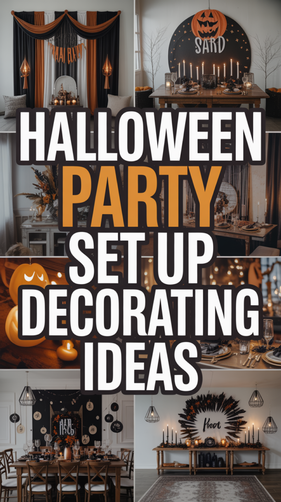 Collage of Halloween party setups with pumpkins, candles, and tables decorated in orange and black themes.