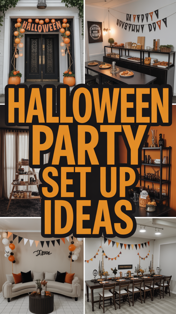 Collage showcasing various Halloween party setup ideas, with festive decorations and themed decor in different room settings.