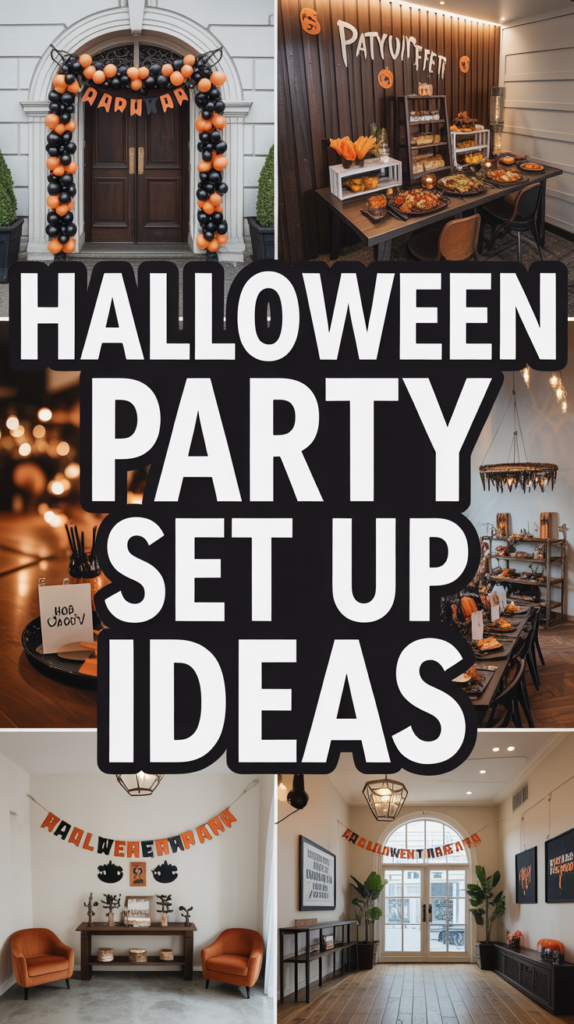 Halloween-themed party setups with decorations, food tables, and festive banners.