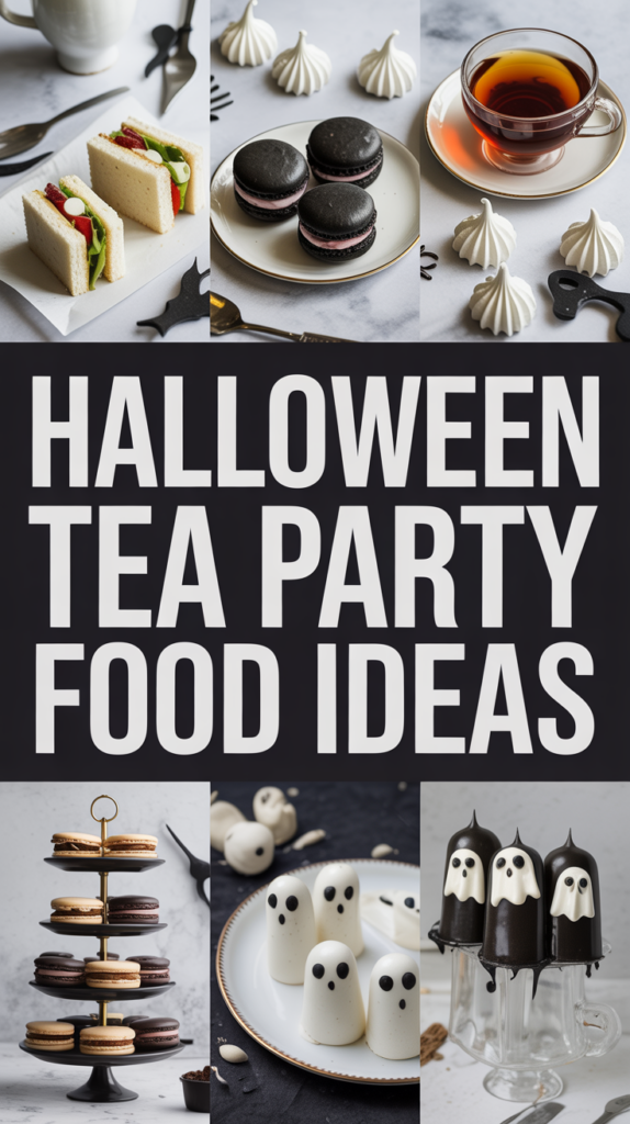 A variety of Halloween-themed treats, including ghost-shaped marshmallows and dark macarons, with the text "Halloween Tea Party Food Ideas."